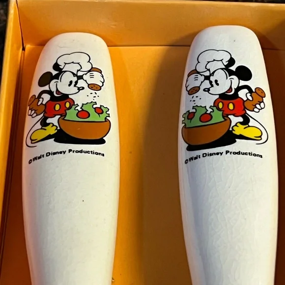 Vintage‎ Disney Mickey Mouse Wood and Ceramic Salad Fork And Spoon Set in Box - Picture 4 of 9